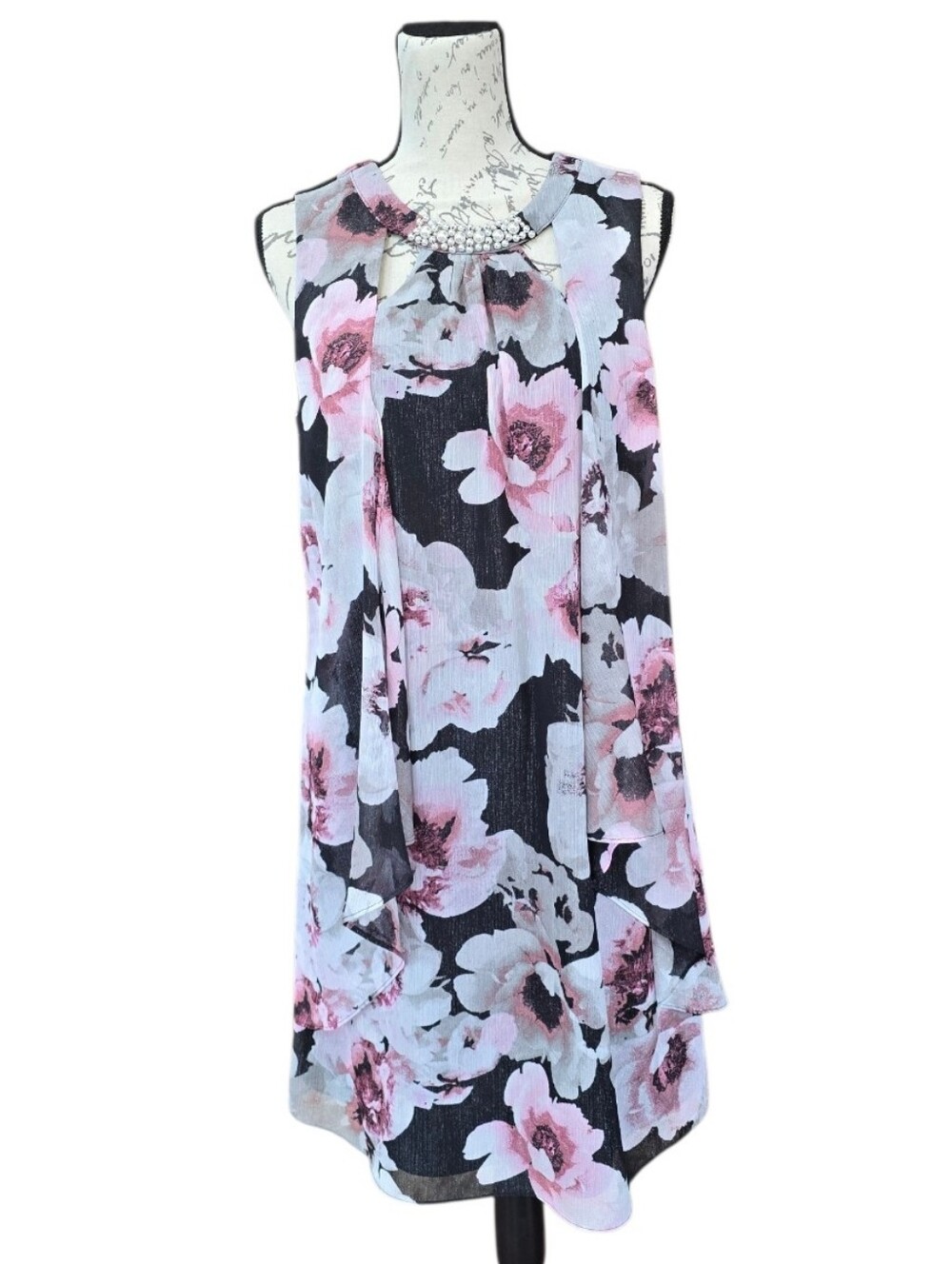 Ignite Evenings Pink Black Gray Chiffon Floral Sleeveless Dress 10